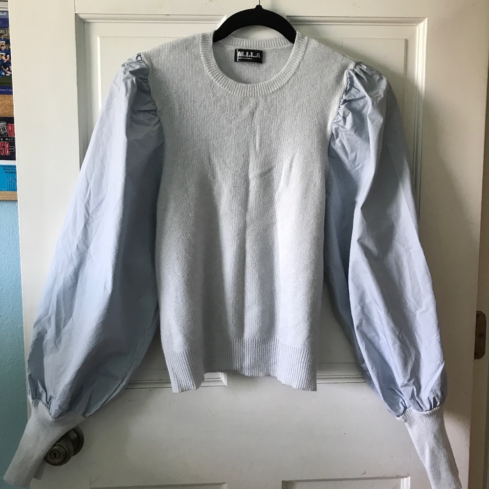 M.I.L.A Lantern sleeve cashmere sweater baby blue